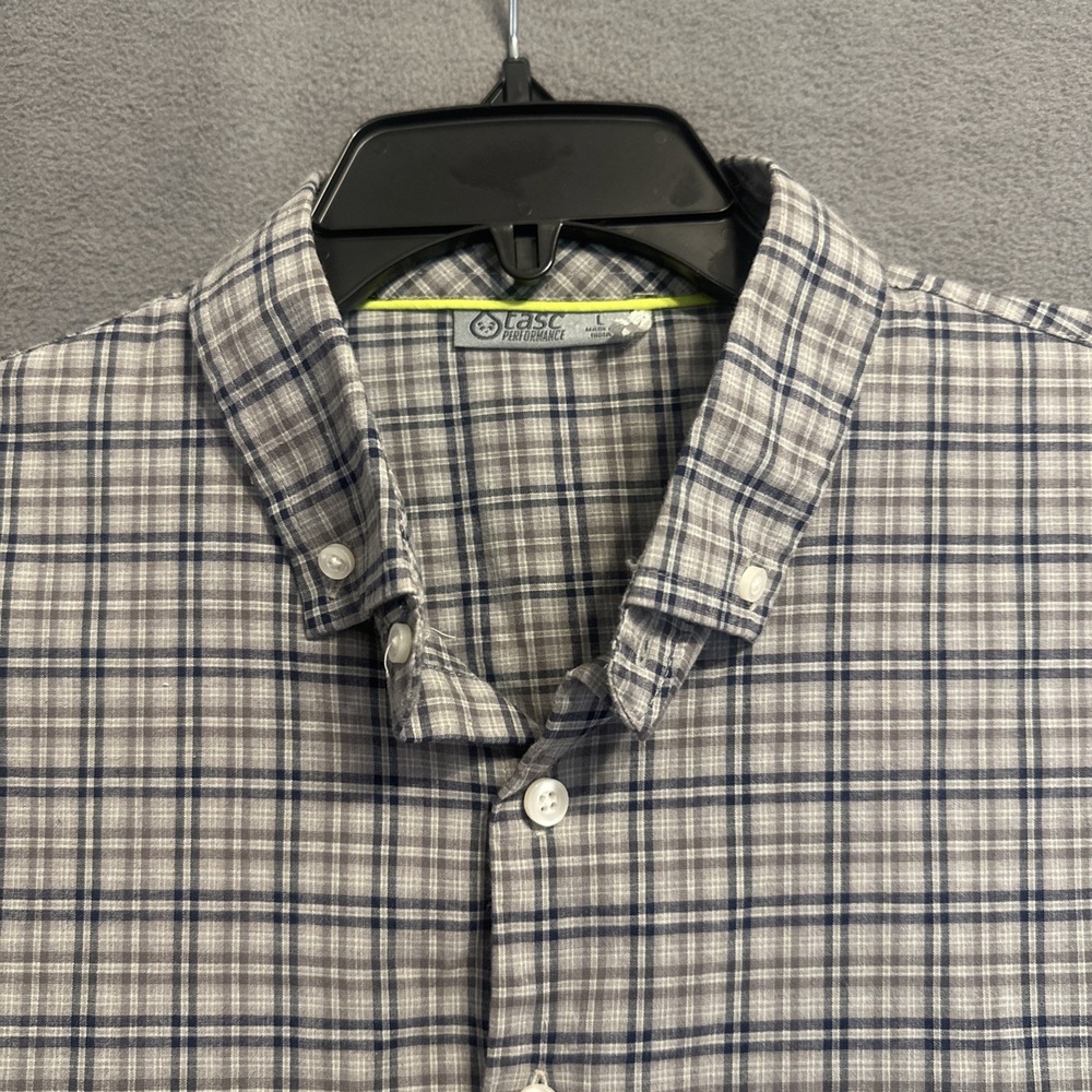 Tasc Performance Button Up Shirt Bamboo Mens Size L Gray Plaid Stretch Office